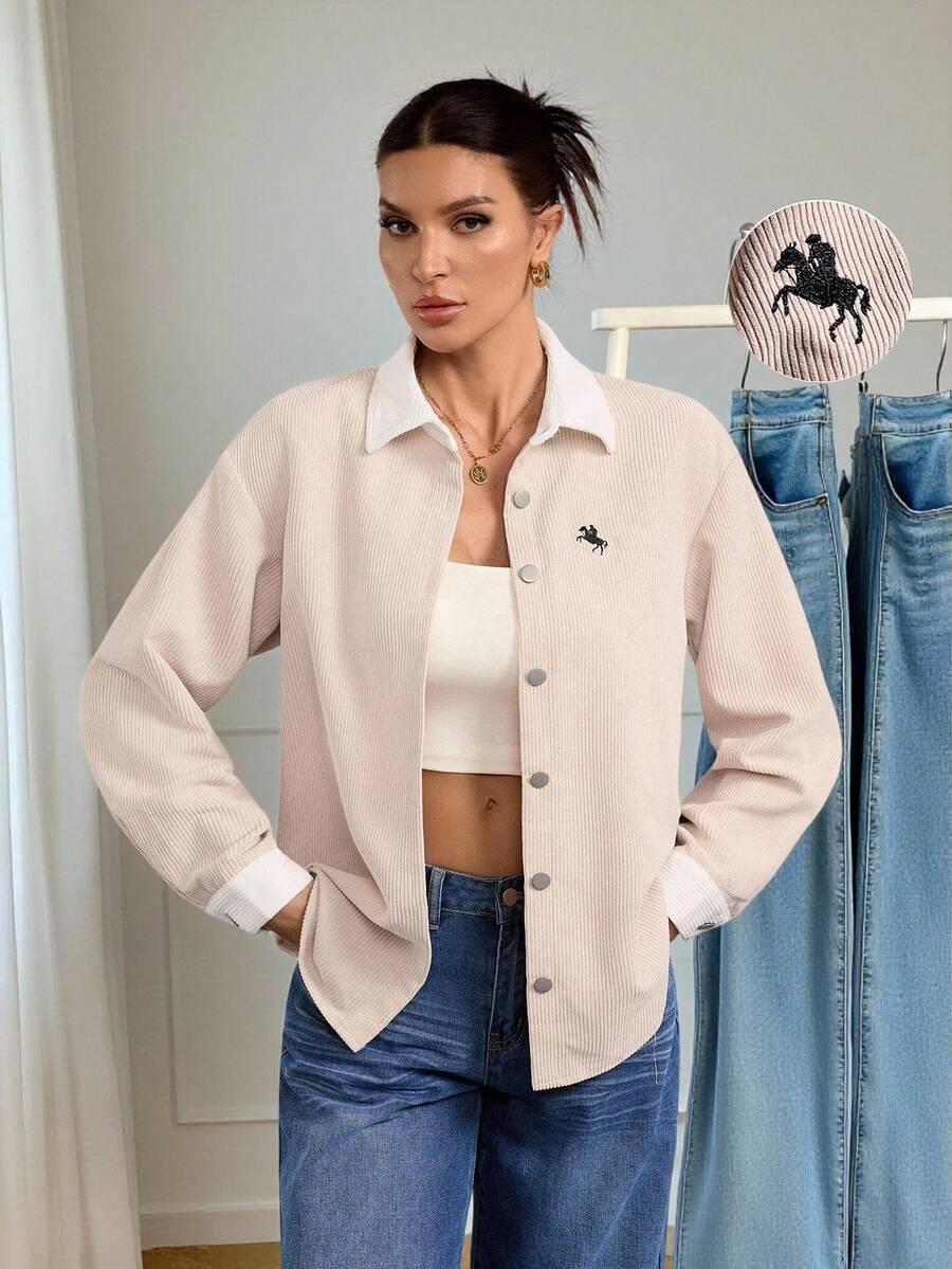 SHEIN Tall Women's Fall Drop Shoulder Single-Breasted Corduroy Embroidered Jacket - Apricot - View 1