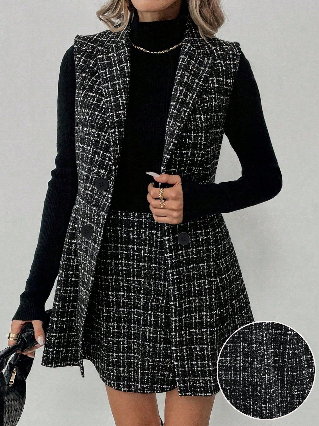 Elyressa Conjunto Elegante de 2 Peças com Jaqueta Regata Xadrez e Saia Midi, Outono/Invern...