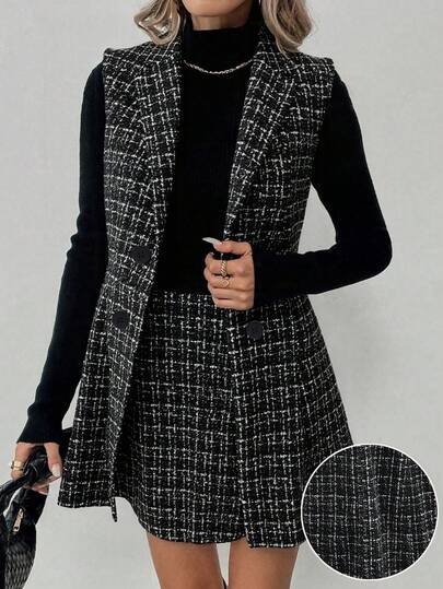 Elyressa Women's Plaid Sleeveless Jacket And Midi Skirt Elegant 2-Piece Set, Autumn/Winter