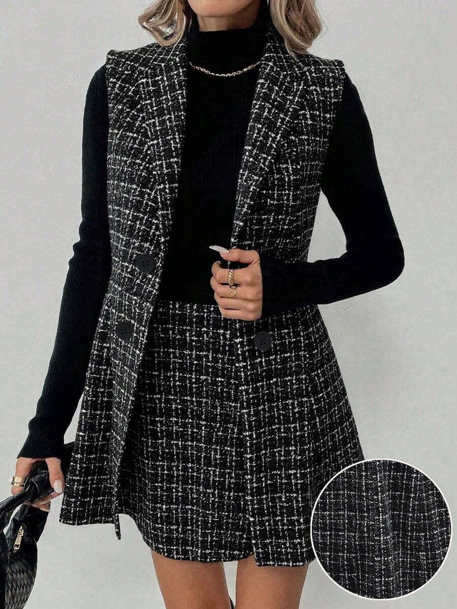 Elyressa Damset med rutig ärmlös jacka och midikjol, elegant 2-delat set, höst/vinter - Svart - Visa 1