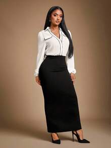 Radiana Women's Elegant Black & White Contrast Color 2 In 1 Splicing Shirt Dress,Long Sleeve Maxi Dress For Office,Autumn,Professional Casual Business Wear - Black and White - View 4