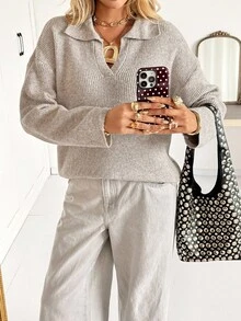 Siren Gaze 四分之一拉链落肩毛衣，女士春秋季休闲长袖超大卡其色落肩套头衫女式毛衣