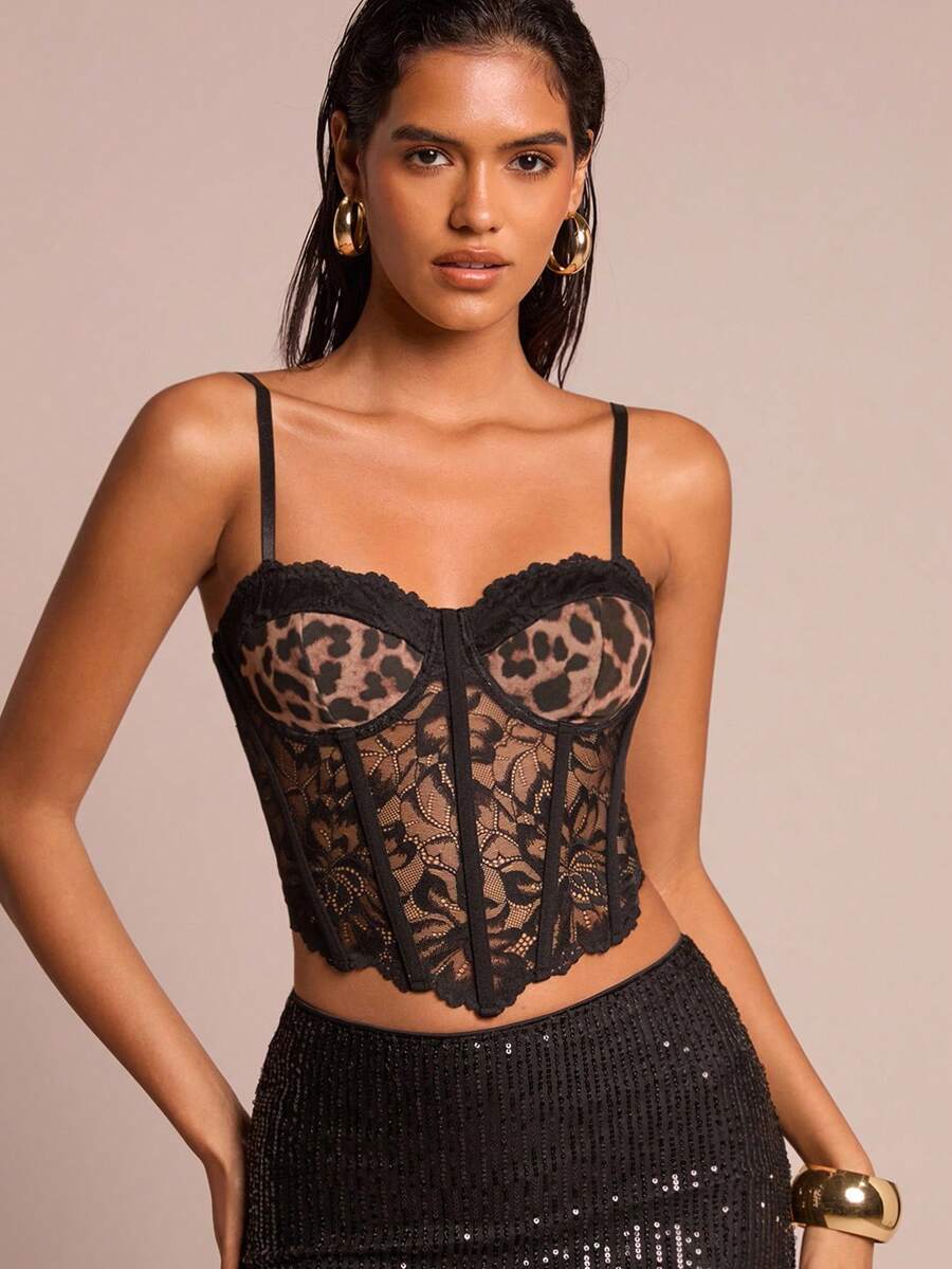 SHEIN Glamour 性感豹纹撞色蕾丝钢圈鱼骨花吊带背心女 - 彩色 - 查看 1