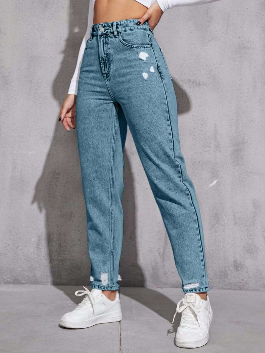 SHEIN Cottnline 女式高腰口袋做旧锥形休闲牛仔裤 - 淺色水洗藍 - 查看 1