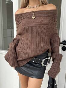 女式休闲纯色露肩毛衣，秋季 - 咖啡棕 - 查看 4