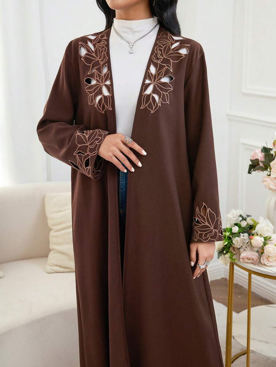 Al Najma Abaya Robe Longa Feminina Solta com Bordado Floral e Recortes