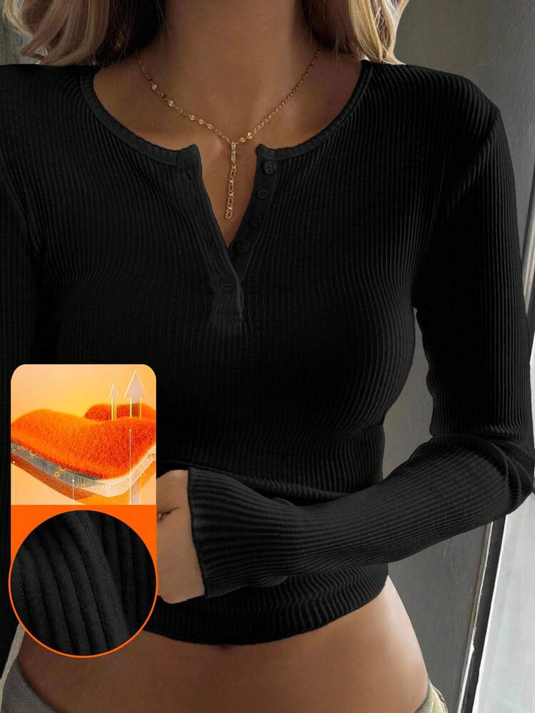 Women's Fitted Round Neck Half-Zip Long Sleeve T-Shirt, Special Fabric