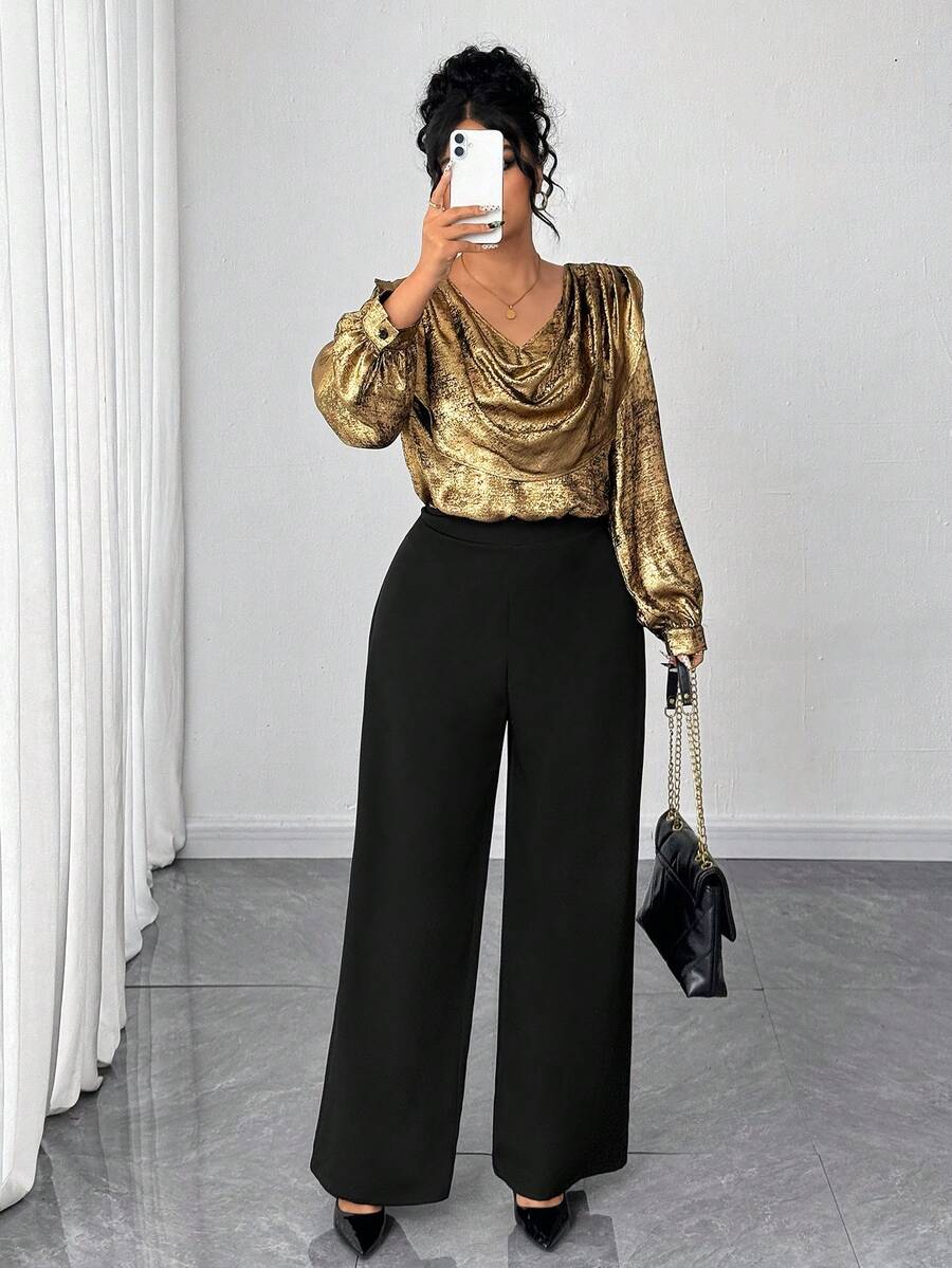 Elenzga Conjunto de 2 peças feminino plus size, elegante, cor metálica, manga comprida, gola alta, calça larga, cintura alta, fluido, cor contrastante, adequado para outono/inverno, volta às aulas, formatura, feriados, dia dos namorados, Natal, festivais de música, dia das mães, Halloween, Ação de Graças, Páscoa, Dia Nacional, galas, encontros, festas, casamentos, passeios - Multicolorido - Ver 1