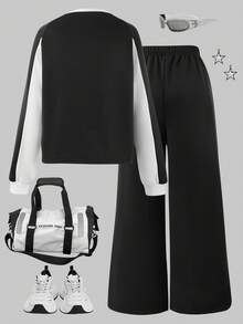 2pcs/Set Teenage Girls' Sporty Casual Outfit, Colorblock Crew Neck Long Sleeve Letter Print Sweatshirt And Wide Leg Pants