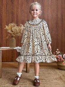 Blossori 年轻女孩法式优雅荷叶边下摆圆领长袖碎花连衣裙 - 黑與白 - 查看 5