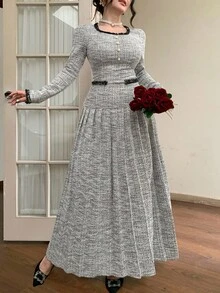 DAZY 优雅纹理条纹中长连衣裙，适合通勤，秋冬舞会礼服 - 灰色 - 查看 6