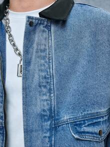 ROMWE MEN Casual Áo khoác denim thường ngày màu tương phản mùa thu cho nam, cổ bẻ, vai trễ, tay dài, khóa kéo phía trước - màu đen - Xem 5