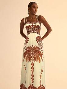 CAJUNI Women Boho Banana Tree And Pineapple Print, Hollow Waist Back Binding Sleeveless Pink Dress, Holiday Casual Summer Dress