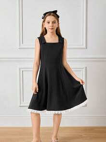 Tween Girl Elegant Lace Trim Sleeveless Dress - Navy Blue - View 1
