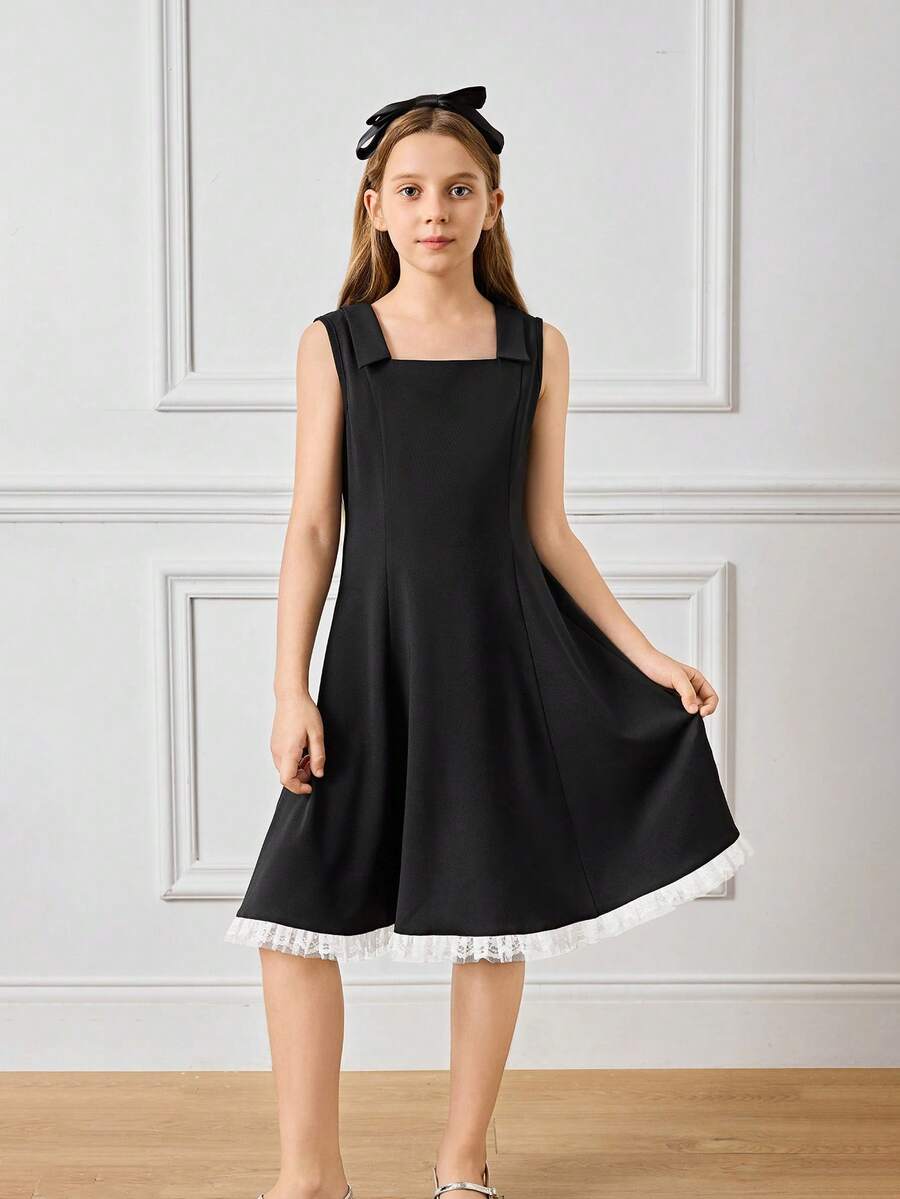 Tween Girl Elegant Lace Trim Sleeveless Dress - Navy Blue - View 1
