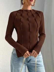 Siren Gaze Ladies' Plain V-Neck Slit Sleeve T-Shirt Winter Brown Casual Spring - Brown - View 7