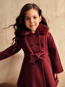 SHEIN Abrigo largo para niñas con diseño de cuello y cinturón de piel de alta gama, color burdeos, para otoño/invierno - Burdeos - Ver 4