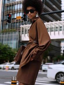 Lumivelle Women's Elegant Coffee Brown Blouse,Autumn Office Regular Fit X-Shaped Shirt Collar Drop Shoulder Long Sleeve Waist Fold Pleated Splice Belt Blouse - Brown - View 4