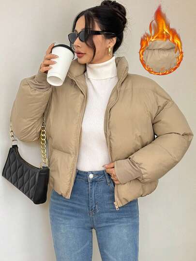 SHEIN Tall 女士纯色长袖拉链前休闲宽松冬季夹克