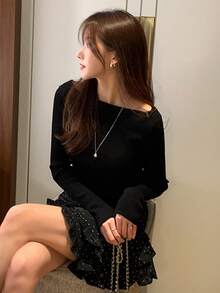DAZY 女式简约优雅百搭修身纯色长袖毛衣，秋冬 - 黑色 - 查看 9