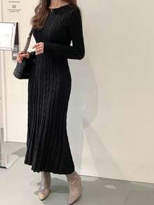 DAZY 女士麻花针织长袖圆领修身毛衣裙，高品质秋冬分层穿搭