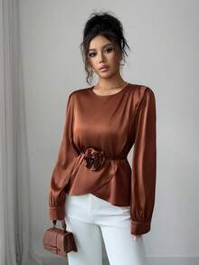 SHEIN Clasi Women's Elegant Solid Color Versatile 3D Floral Decor Asymmetrical Hem Long Sleeve Blouse, Autumn - Coffee Brown - View 5