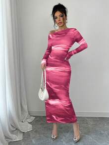 Elenzga Women Tie-Dye Print Round Neck Fitted Long Dress, Elegant (Random Floral Pattern) Maxi Women Outfit - Pink - View 5