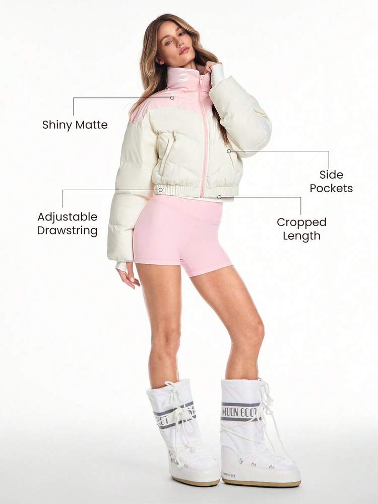 Chic In Warmth Chill Crush Shiny Matte Finish Wind-Resistant Neckline Cuffs Zipper Pockets Cropped Puffer Jacket Autumn Winter Outdoors Snow Ski Daily Casual Wear
