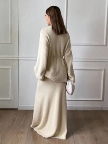 Livesso Women's Autumn V-Neck Loose Sweater Top And Casual A-Line Skirt 2 Pieces Set