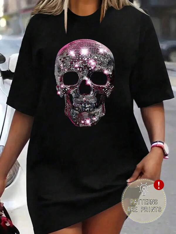 SHEIN LUNE Plus Size Loose Casual Skull Print T-Shirt, Summer