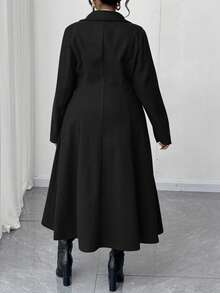 Maweii 大码女式方领翻领开襟水禽蓝腰部A字型口袋中长款优雅复古休闲可爱大衣，秋冬款 - 黑色 - 查看 3