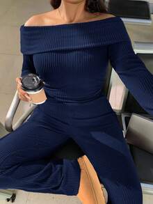 SHEIN EZwear Conjunto de 2 piezas de talla grande casual y de uso doméstico, minimalista, con hombros descubiertos y acanalado - Azul Marino - Ver 1
