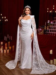 Glamrae Plus Size Elegant Romantic White Stand Collar Front Hollow Luxury Sequins Embellished French Lace Long Sleeve Mermaid Hem Heavily Embellished Bridal Wedding Dress - White - View 7