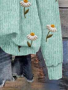 EMERY ROSE Casual Minimalist Floral All-Over Print Loose Fit Green Plus Size Off-Shoulder Sweatshirt, Autumn/Winter - Multicolor - View 3