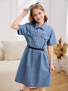 Vestido vaquero azul de lavado en tela vaquera oversize y casual para niñas preadolescentes, con ajuste relajado y chal a rayas en contraste, adecuado para uso diario, ir al trabajo, salidas, fiestas y sesiones de fotos - Lavado ligero - Ver 5