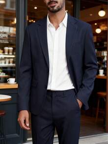 Manfinity Bizformal بدلة رجالية كاجوال طويلة الأكمام وبنطلون، مجموعة من قطعتين - أزرق غامق - مشاهدة 1