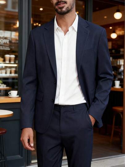 Manfinity Bizformal 2pcs/Set Men's Casual Business Long Sleeve Suit Jacket And Pants Wedding Groom Suit Navy Blue Men Suit Wedding Jacket For Men Mens Tuxedo Suit Groom Suit Men