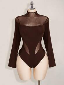 SHEIN ICON Plus Size Y2K Long Sleeve Mesh Patchwork Bodysuit, Sexy Mesh Bodysuit For Halloween, Halloween Costume, Autumn - Brown - View 3