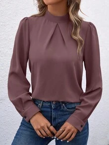 EMERY ROSE 女式纯色立领泡泡袖褶皱设计优雅衬衫 - 藕粉色 - 查看 4