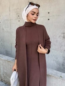 DAZY Set de 2 piezas: Vestido largo de cuello alto de unicolor y Cárdigan de punto, estilo casual de otoño para mujer - Café integral - Ver 7