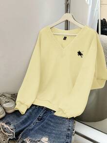 SHEIN EZwear 女款休閒寬鬆V領小碎花圖案衛衣，淺黃色，適合秋冬穿著 - 鵝黃色 - 查看 2