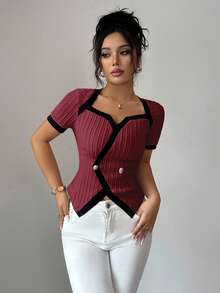 Selianne Women's Retro American Style Color Block Asymmetrical Design Short Sleeve T-Shirt - Red - View 6