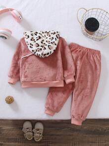 2pcs Baby Girls Leopard Patchwork Fleece Sweatshirt Set, Pink Contrast Color Hoodie And Pants, Fashionable Casual Outfit - Multicolor - View 2
