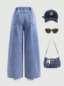 SHEIN Tween Girl 休闲水洗阔腿牛仔裤 - 中等水洗藍 - 查看 2