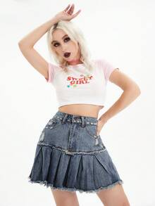 SHEIN PETITE 女式口袋做旧磨损下摆褶皱牛仔迷你裙 - 藍色 - 查看 8