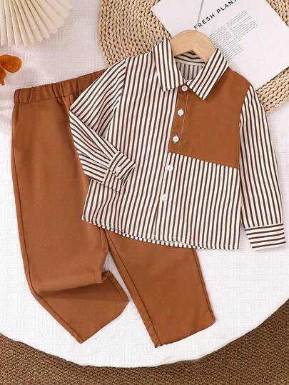 2 件套年轻男孩舒适日常穿着宽松韩版时尚条纹衬衫和撞色裤子套装，适合春夏季、日常穿着、运动、郊游、学校、派对、节日、拍照、返校季