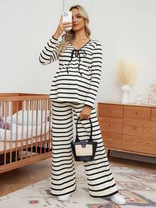 SHEIN Bộ 2 món áo và quần sọc thường ngày cho bà bầu, mùa thu - Đen và trắng - Xem 7