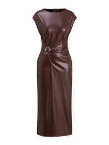 Amorya 女士优雅高端束腰金色装饰纽扣 PU 长裙，适合派对和多种场合，秋冬季 - 棕色 - 查看 4