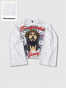 ROMWE MEN Street Life Men's Casual Fashion Street Jesus Pattern Rhinestone Flare Sleeve Pullover Hoodie, Spring/Autumn