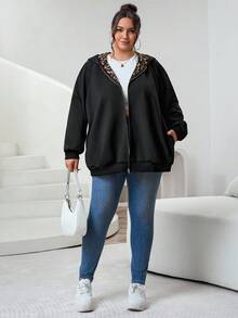 SHEIN CURVE+ Women's Casual Streetwear Leopard Print Warm Lined Hooded Sweatshirt In Plus Size, Black With Side Pockets, Autumn And Winter Styles Fall Vacation - Black - View 4
